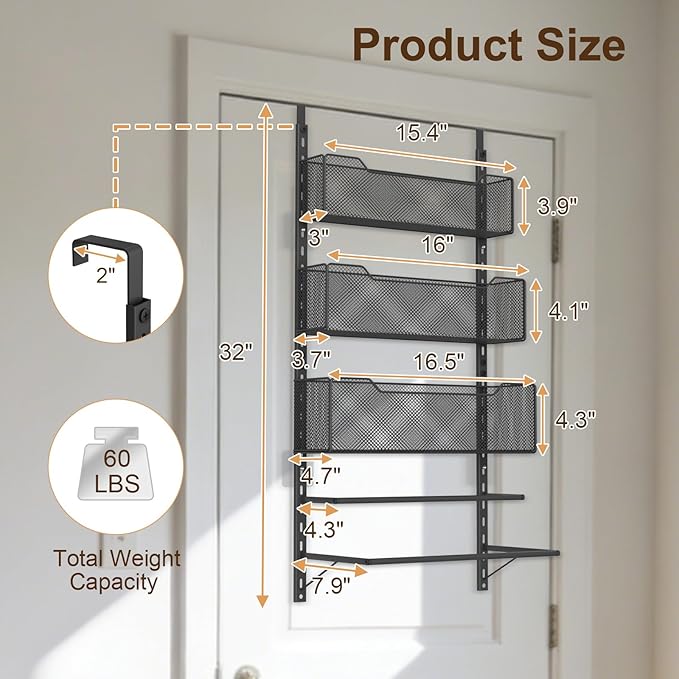 VyGrow Over the Door Storage Organizer with 3 Tier Mesh Baskets 2 Hanging Rods, 2 Mounting Options, Heavy Duty Clothes Hanger & Towel Rack for Bathroom Bedroom Office, Black