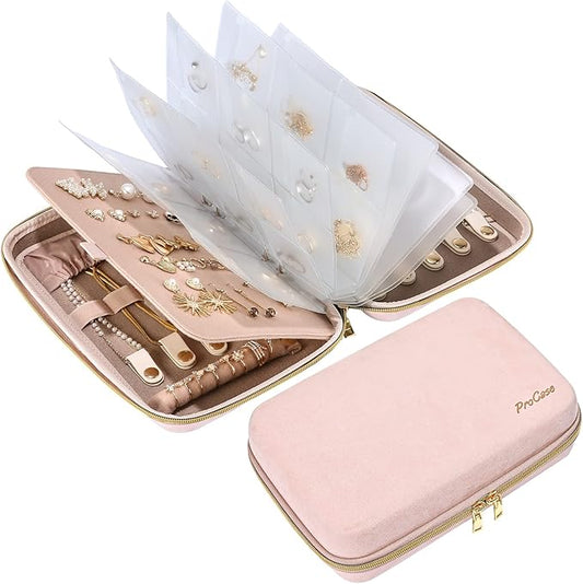 ProCase Large Travel Jewelry Organizer Case, Jewellery Home Storage Book Ring Binder with Clear Pockets for Presentation, Zippered Pouch Bag for Earrings Necklaces Bracelets -Pink