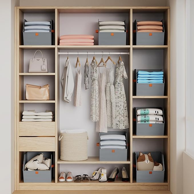 Homsorout Fabric Closet Storage Cubes - 6 Pack Square Storage Bins with Dual Handles for Clothes, Towels, Toys, Cube Storage Organizers for Bedroom, Nursery, Shelves, Closet, Small Spaces, Grey
