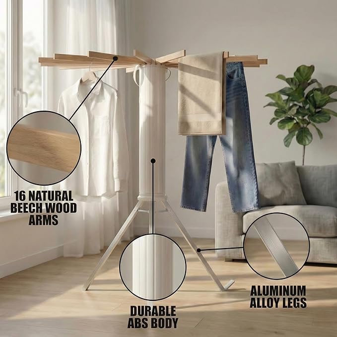 Clothes Drying Rack Foldable, Portable Laundry Drying Rack for Clothes with 16 Wooden Rods & 48 Windproof Slots, Collapsible Tripod Dry Rack for Apartment, RV, Balcony