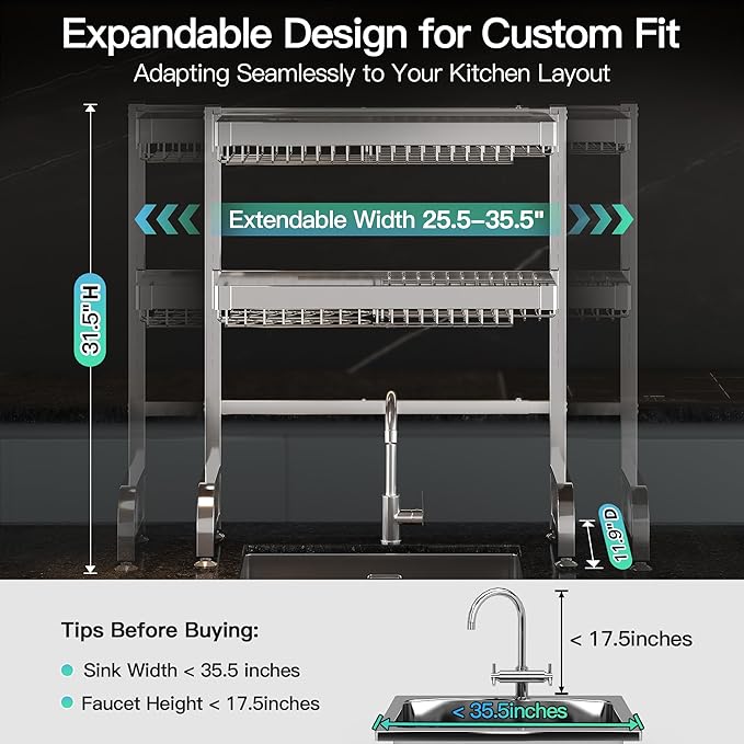 3 Tier Extra Large Stainless Steel Expandable Over The Sink Dish Drainer Drying Rack, Rust Proof Metal, Space Saving, Modern Silver Big Capacity Extendable Plate Strainers Above Kitchen Counter