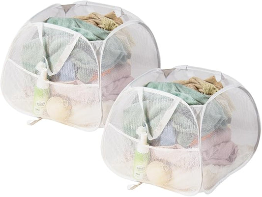 Collapsible Laundry Basket 90L, Foldable Mesh Pop-up Laundry Hamper with Handles, Dirty Clothes Hamper for Laundry with Side Storage Pocket(White, 2PCS)