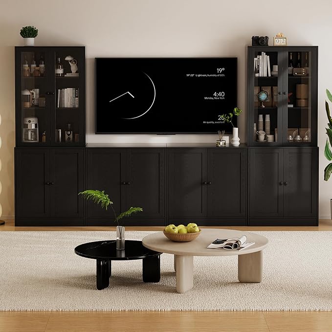 TUSY 71" TV Stand Storage Set - 2 Tall Bookcases & 2 Side Cabinets, Media Console with Glass & Wood Doors, Entertainment Center with Drawers, Tall Media Console for Living Room (Black, ACCA)
