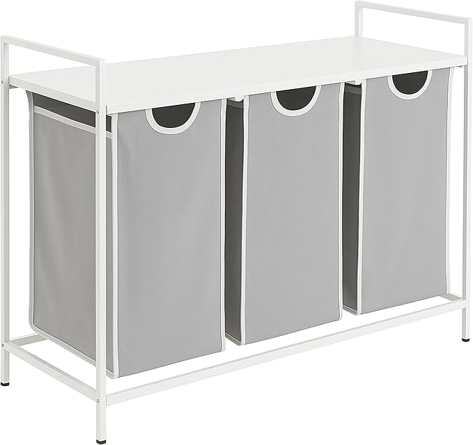 Relaxdays sorter with 3 Removable Bags, with Shelf, HWD: 72x92.5x33 cm, Metal Laundry Basket, White/Grey, Iron, Fibreboard, Polyester, 72 x 92.5 x 33 cm