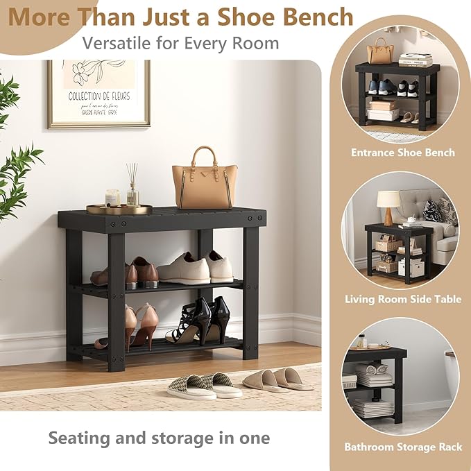 Sweetcrispy Shoe Rack Bench, 3-Tier Bamboo Entryway Storage Organizer, 286lb Capacity, Shoes Stand for FrontDoor Entrance, Bedroom, Living Room, Bathroom, Balcony, 19 Inches Length, Black