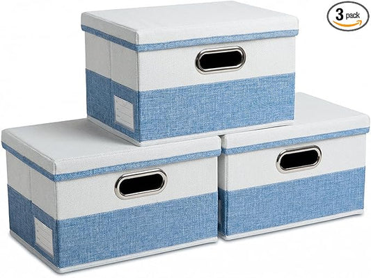 PRANDOM Storage Bins with Lids [3-Pack] Linen Fabric Foldable Storage Boxes Organizer Containers Baskets Cube with Cover for Bedroom Closet Office Blue&White（11.4X8.6X6.7
