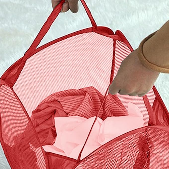 Pop up Hamper for Laundry, Collapsible Mesh Laundry Basket, Portable Foldable Clothes Hamper Storage Bin for Apartment, College Dorm or Travel, Red