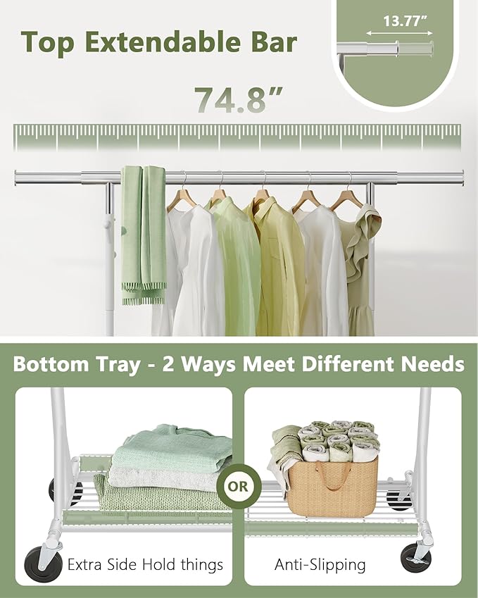 Hoctieon 1-Minute Assembly Clothes Rack, 480 lbs Heavy Duty Rolling Clothing Racks with Wheels, Foldable Garment Rack, Extendable Hanging Bar, Adjustable Metal Pole with Hooks, White