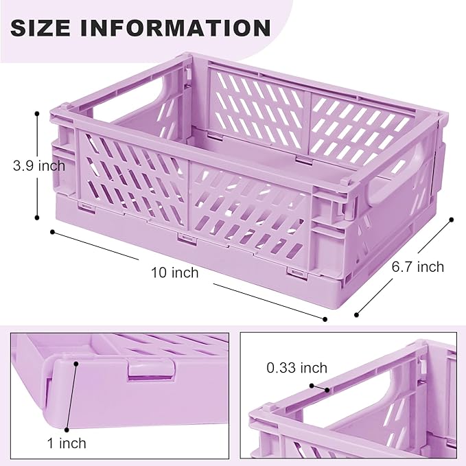 Tobeso-Nuoze Pastel Plastic Storage Baskets 2 Pack, Collapsible Crates for Organizing, Space-Saving Bins for Kitchen, Office, Bedroom (Purple, Medium:9.8" x 6.5" x 3.8")