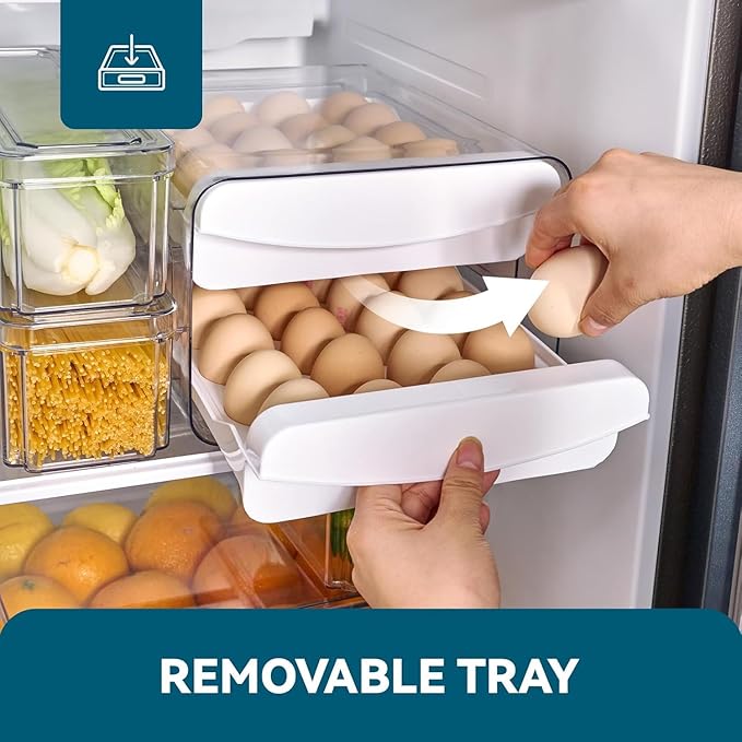 SYLAB Egg Holder for Refrigerator - 40 Eggs Capacity, 2-Tier Stackable Auto-Rolling Egg Container with Drawer & Handles - Clear BPA-Free Egg Storage Organizer for Fridge, Kitchen Countertop & Pantry