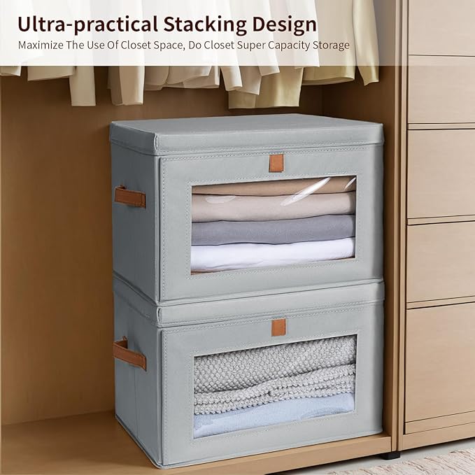 Homsorout Large Storage Bins with Lids - Fabric Collapsible Closet Storage Organizer with Window & Handles, Stackable Decorative Storage Boxes for Clothes, Blankets, Sweaters, 4 Pack, Grey