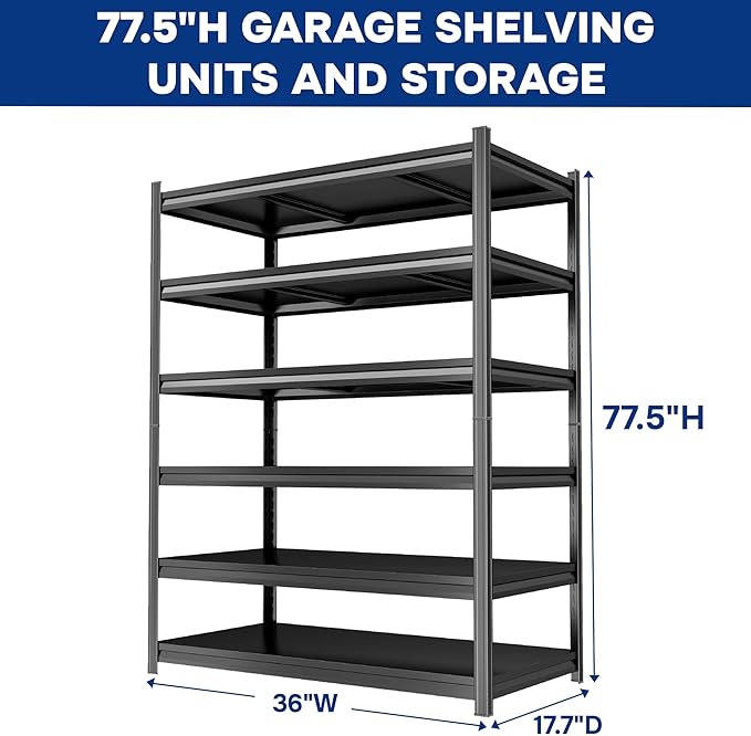 6 Tier Garage Shelving 36" W Storage Shelves Organizer 78" H Heavy Duty Garage Storage Shelves Large Utility Shelf for Commercial, Basement, Industrial, Pantry, Kitchen, Black