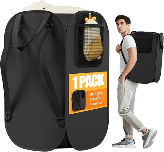 Collapsible Backpack Laundry Bag Made by Strong Polyester Oxford Cloth, 76L Heavy Duty Large Hamper with Adjustable Shoulder Strap, Foldable Basket with Mesh Pocket for College, Travel, Apartment