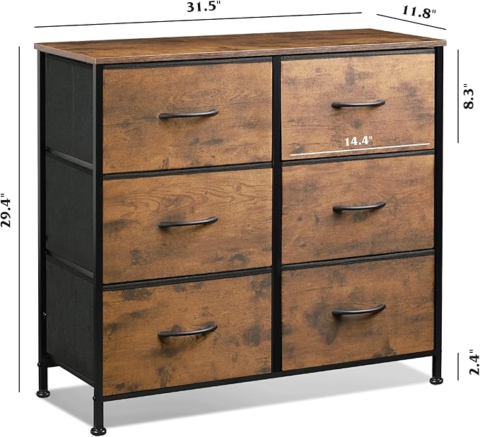 WLIVE Dresser for Bedroom with 6 Drawers, Closet Dresser with Metal Frame, Wooden Top, Fabric Dresser for Closet, Living Room, Hallway, Rustic Brown Wood Grain Print