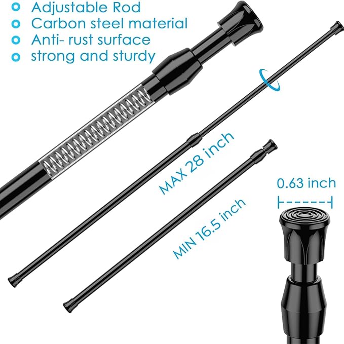 MEXAU 4pack Tension Curtain Rod 16.5 to 28 Inch，Black Spring Tension Rods Curtain Rods Adjustable Spring Rod Extendable Tension Rod for Kitchen