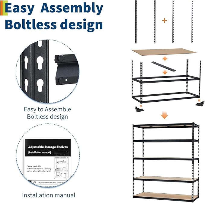 Heavy Duty Garage Storage Shelves, 5-Tier Metal Adjustable Shelving Unit, Storage Shelving with 2500 LBS Capacity for Kitchen Pantry Basement Bathroom Laundry, 36" l x 18" w x 72" h