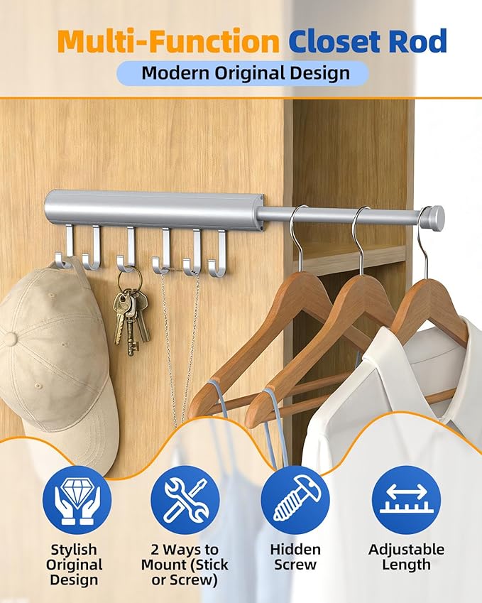 12 Inch Valet Rod for Closet Pull Out, Expandable with 6 Hooks, Closet Rod for Laundry, Bedroom & Tomorrow’s Outfit (Silver, 1 Pack)