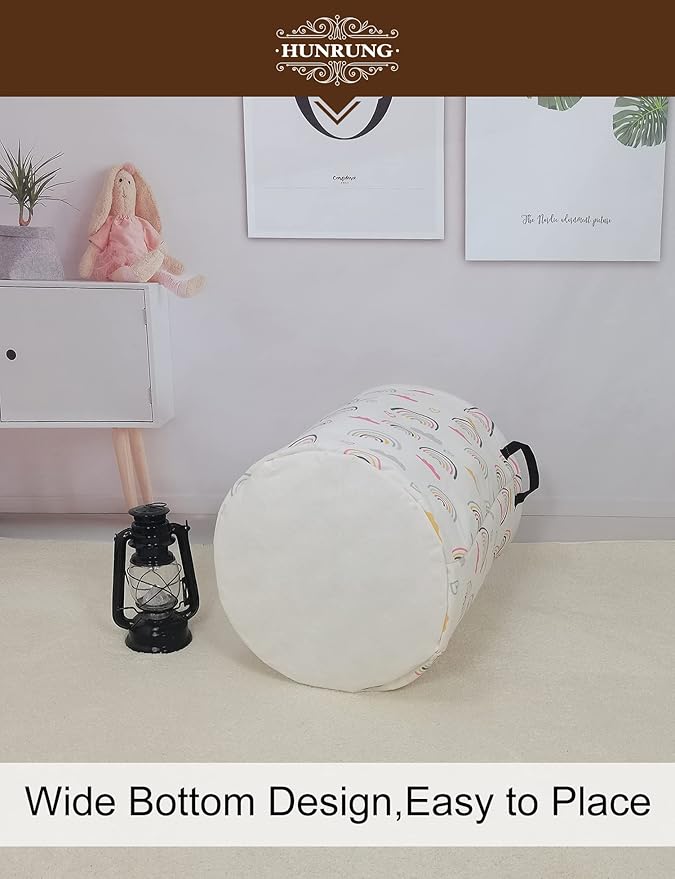 HUNRUNG Collapsible Fabric Storage Basket, Waterproof Laundry Hamper with Handles, Round Storage Bin for Clothes Toys, Foldable Organizer for Bedroom Nursery Bathroom(Round-Rainbow)