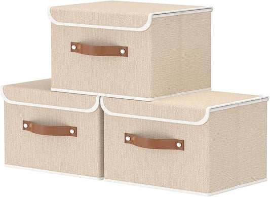 OUTBROS Storage Boxes, Collapsible Storage Bins with Lids, Cotton and linen cloth Storage Baskets with Handle, for Books, Closet, Beige, 3 Pack 10.2 x 7.9 x 6.7in