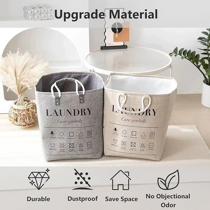 Small Laundry Basket, 50L Foldable Laundry Hamper Organizer with Handles, Fashion Portable Laundry Basket in Bedroom, Laundry Room, Closet, Bathroom, College Dorm (Beige)