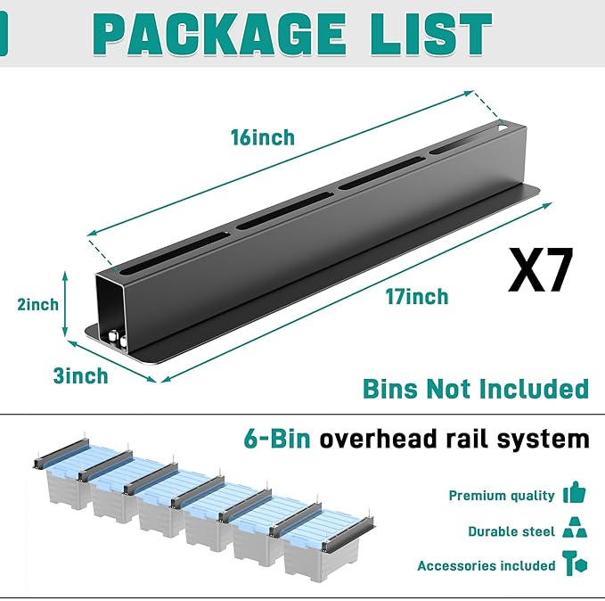 EVERHANGER Ceiling Storage Rack, Heavy Duty Overhead Storage Rack for Garage, Adjustable Ceiling Bin Storage System, 7 Sets for 6 Bins, 16 Inch