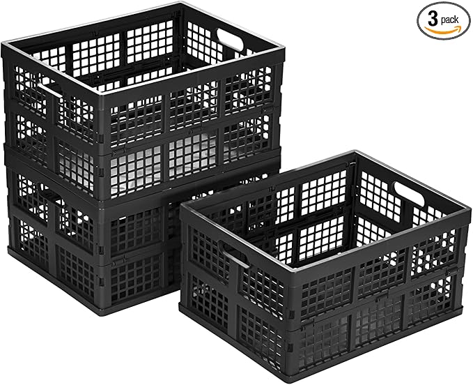 Eslite 34L Large Plastic Folding Storage Crates,Collapsible Crates for Storage,Pack of 3 (Black)