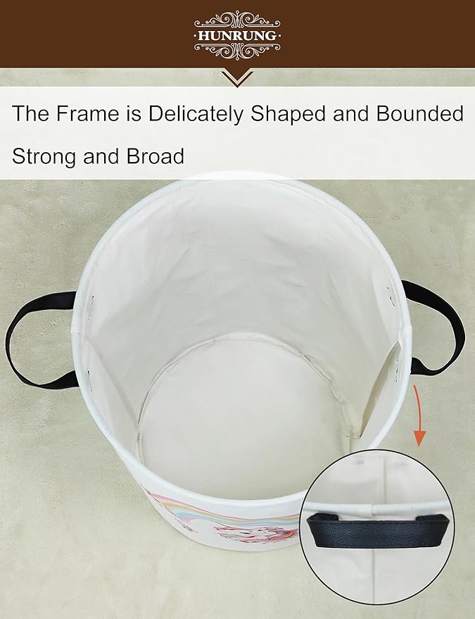 HUNRUNG Collapsible Fabric Storage Basket, Waterproof Laundry Hamper with Handles, Round Storage Bin for Clothes Toys, Foldable Organizer for Bedroom Nursery Bathroom(Round-Rainbow Unicorn)