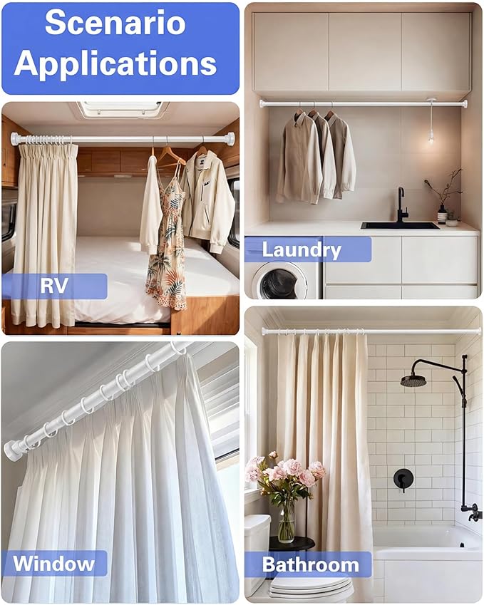 Supforce No Drilling Closet Rods for Hanging Clothes, Non Slip Tension Rod with Heavy Duty Clothes Hanging Rod, 17-69 Inches Adjustable Spring Closet Rod for Closet Wardrobe Bathroom Laundry RV, White