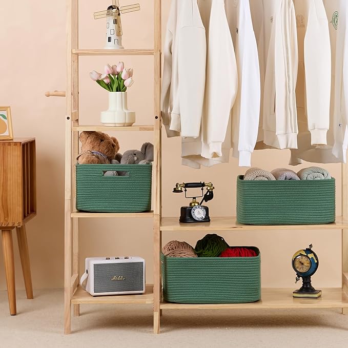 MiniArk Large Storage Baskets for Shelves, Closet Organizers Bins for Clothes Blanket Towels, Baby Nursery, Toy Baskets Box, Woven Rope Baskets, 17 x 13 x 7.5”, 2 Packs Green