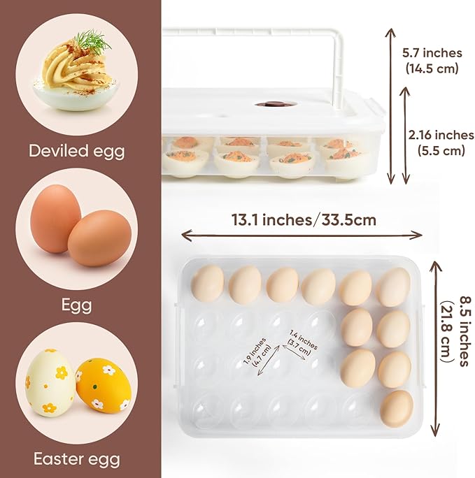 77L Deviled Egg Containers with Lid, (Set of 2), Plastic Deviled Egg Carrier with Handle for 48 Eggs, Clear Storage Devil Egg Platter, Fridge Portable Egg Tray, Perfect for Picnic and Party (White)