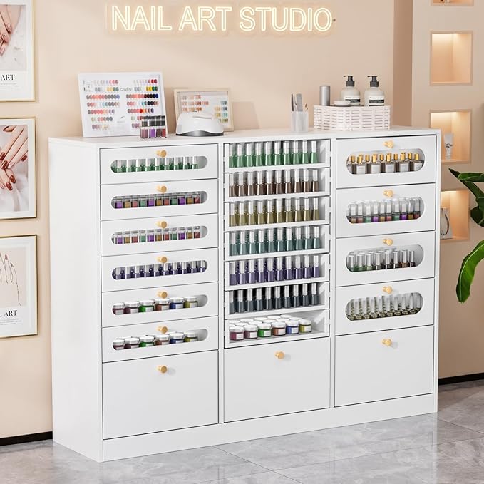 OmySalon Nail Polish Organizer Cabinet with Drawers, 47.2" L Large Nail Salon Storage for Polish & Powder, 7 Clear & 10 Visual Drawers, Wooden Beauty Salon Furniture (White)