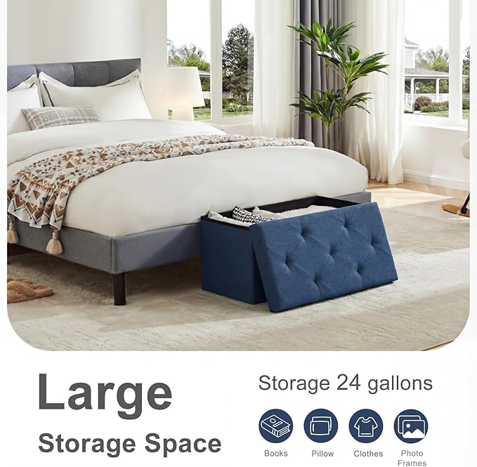 DUMOS 30in Storage Ottoman Bench, Ottoman Bench Foot Rest Stool with Padded Seat, Bedroom Bench with for Living Room, Support 660lbs, Blue