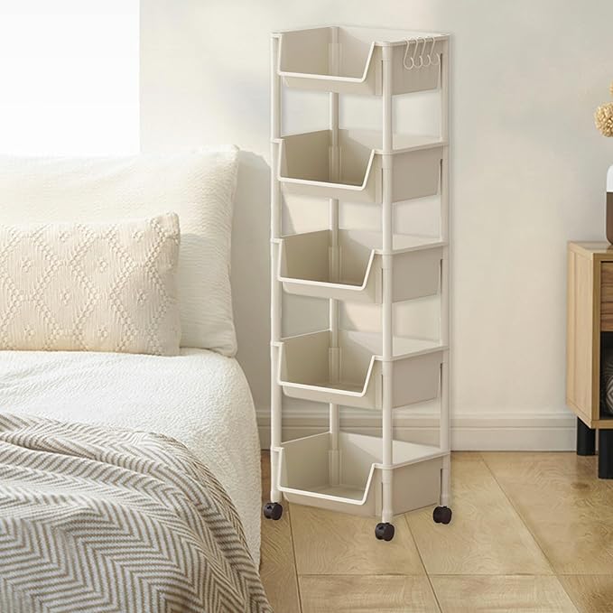 5-Tier Rolling Storage Cart - Multi-Level Metal Organizer with Wheels for Bedroom, Kitchen, Bathroom - Easy Assembly
