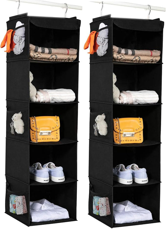 BrilliantJo 2 Pack Hanging Closet Organizer, 5 Shelves Hanging Storage with 6 Side Pockets for Clothes Shoes, 43"x12"x12"(Black)