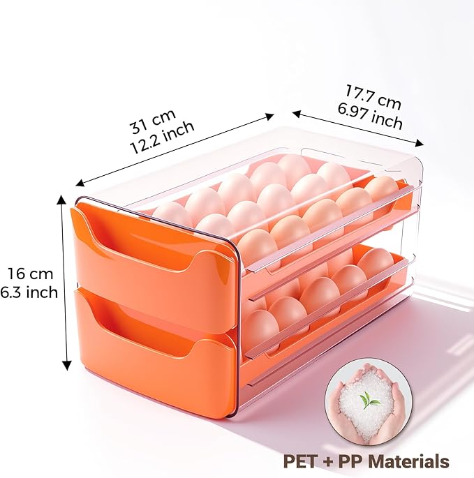 36-Egg-Holder for Fridge, Egg-Storage for Refrigerator Countertop, 2 Tier Dispenser with Drawer, Stackable Clear Egg Tray Container, Egg Organizer, Fits Large Eggs, Orange