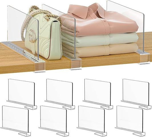 Purse Organizer for Closet Shelf Dividers: 6-inch Tall (Shorter Version) Adjustable Clear Acrylic Bag Storage Organizer for Handbags, Sweaters, Towels, Jeans and Shoes on Wood Shelves 8-Pack