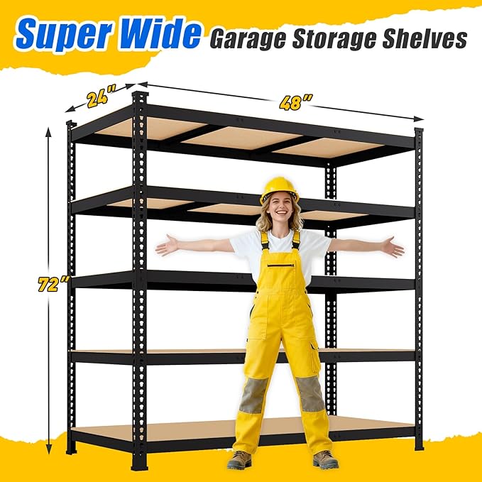 48" W x 24" D x 72" H Garage Shelving Heavy Duty - 5 Tier Metal Storage Shelves, Adjustable Shelving Unit, Utility Rack Shelf for Pantry, Warehouse, Closet, Office, Kitchen, Black