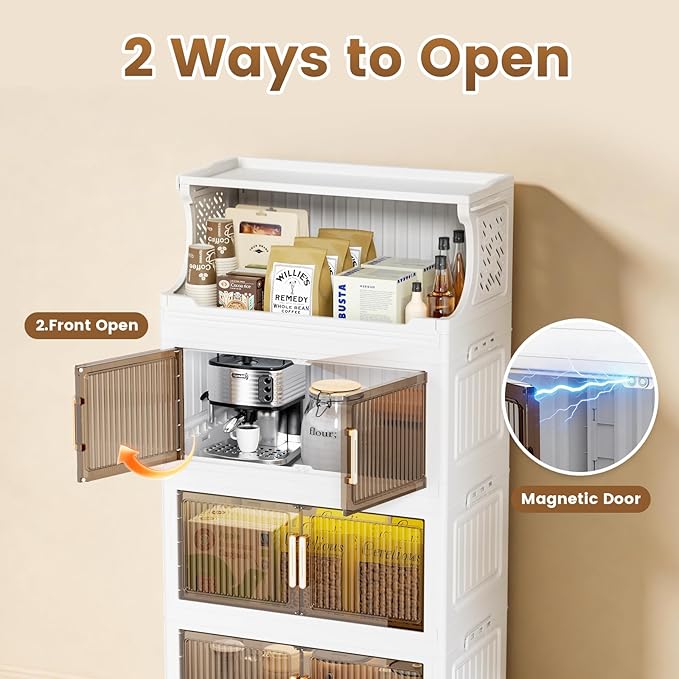 6 Tier Plastic Storage Bins with Top Open Shelf, Folding Storage Box with Doors and Wheels, Stackable Closet Organizers for Living Room, Office, Dorm