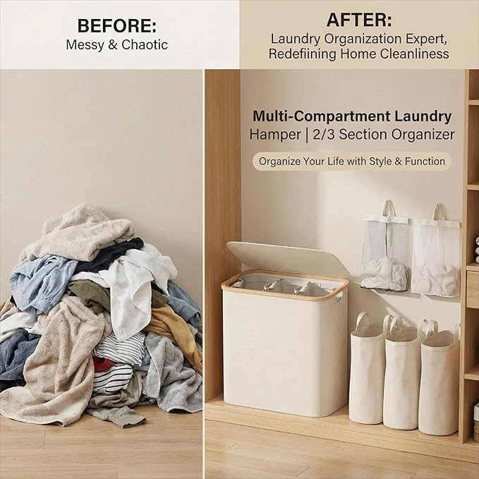 2pcs Laundry Hamper with Wheels, Clothes Hamper with Removable Inner Bag, Large Capacity Space-Saving,Collapsible Dirty Clothes Hamper Organizer Basket for, Bedroom, Bathroom, Laundry Room　(Beige)