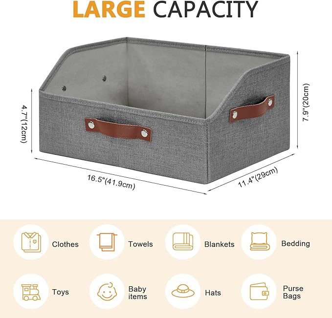 Bagnizer Closet Organizers and Storage, Linen Trapezoid Storage Bins with Handles, Collapsible Shelf Organizer for Blanket, Towel, Clothes, Hats, Purse (Gray)