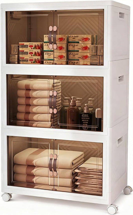 Collapsible Storage Bins with Lids&Wheels-192QT(48Gal) Stackable Plastic Containers with Doors,Heavy-Duty Foldable Organizer Bins for Home,Office,Books,White,3-Pack
