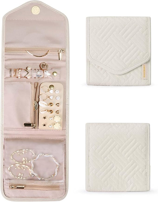 BAGSMART Travel Jewelry Organizer Case Foldable Jewelry Roll for Journey Rings, Necklaces, Earrings, Bracelets,Mini,Beige