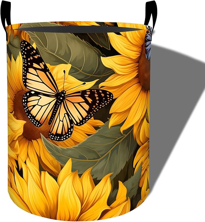 Sunflower Colorful Butterfly Laundry Basket, Foldable Oxford Cloth, Waterproof Dirty Clothes Hamper with Handles, Clothing Storage Bucket Toy Organizer for Bathroom Bedroom Dorm, 19.7"x15.7"