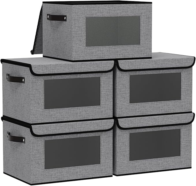 Foldable Storage Baskets with Lids, Fabric Closet Organizers with Handles, 10.2 x 7.8 x 6.7 Inch Storage Boxes for Shelves, Gray, 5-Pack