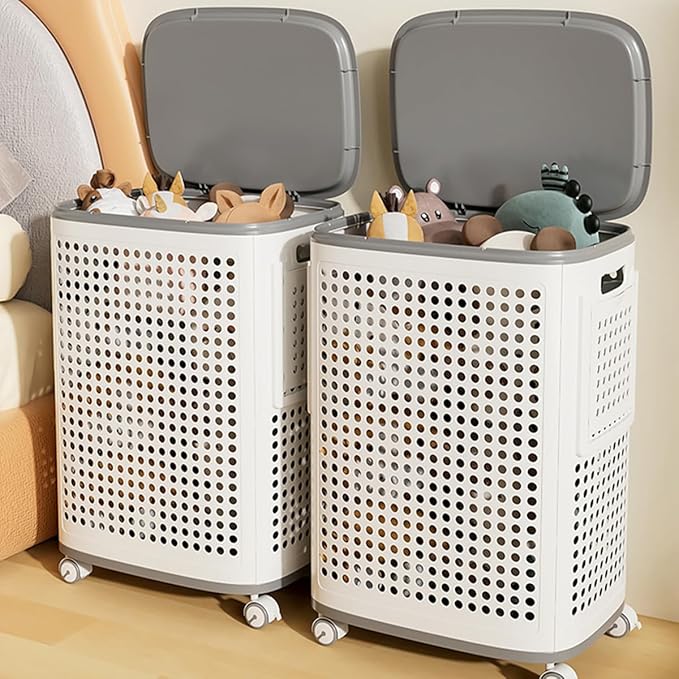 Plastic Laundry Basket with Lid and Wheels, Clothes Hamper with Side Compartments and Brakes, Portable Laundry Hamper on Wheels for Easy Mobility for Bathroom and Bedroom