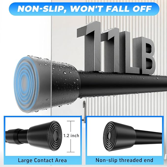 2 Pack Black Tension Rods, 41"-75" Adjustable Shower Curtain Rods, Heavy Duty No Drilling Rod, 11lbs Max Load, 1.2" End Cap, 19/22mm Tube, Metal, for Bathroom, Window, Bedroom, Doorway, Closet