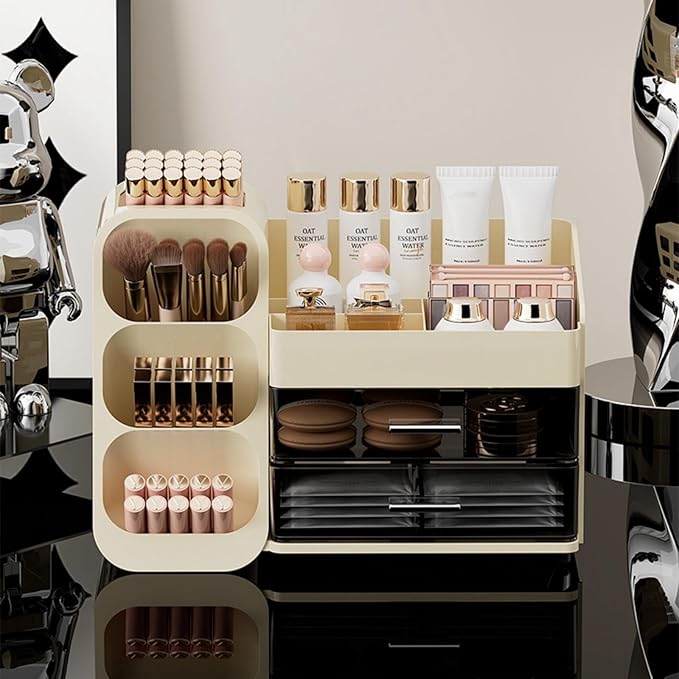 Booklov Makeup Organizer for Vanity, Large Capacity Cosmetic Display Case with Clear Acrylic Drawer, Countertop Beauty Storage Holder for Skincare, Brush Eyeshadow Lipstick Counter Desk, Crystal Cream