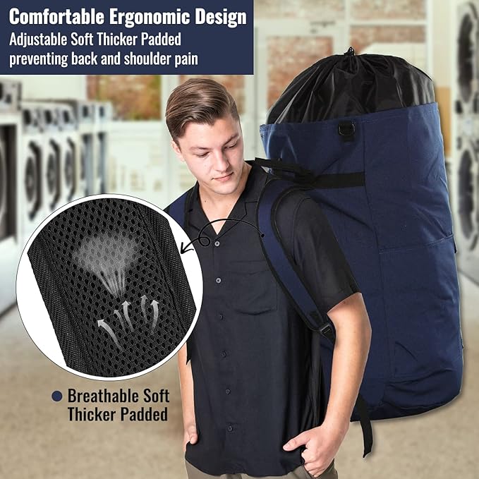 Laundry Backpack Bag 125L Extra Large, Heavy Duty for College Dorm & Apartment, Durable Thick Material Laundry Hamper with Padded Straps for Easy Carry, 3 Pockets for Travel & Laundromat (Dark Blue)