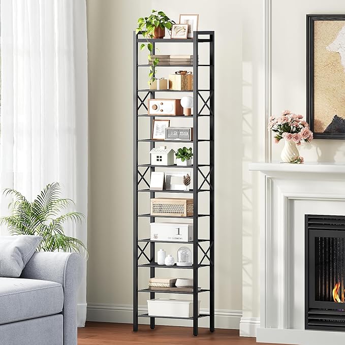YATINEY 12-Tier Narrow Shoe Rack, Tall Shoe Rack for 12-24 Pairs, Slim Shoe Storage Organizer with Wooden Top, Space Saving, Metal Frame, for Entryway, Black SS61BB