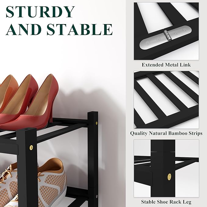 Smiry Shoe Rack, 2 Tier Bamboo Shoe Organizer, Stackable Free Standing Wooden Shoe Storage Shelf for Closet, Entryway, Front Door Entrance, Black